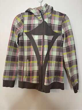 Ivivva Lululemon Scuba Hoodie Sweatshirt Plaid Full Zip UP Sz 14